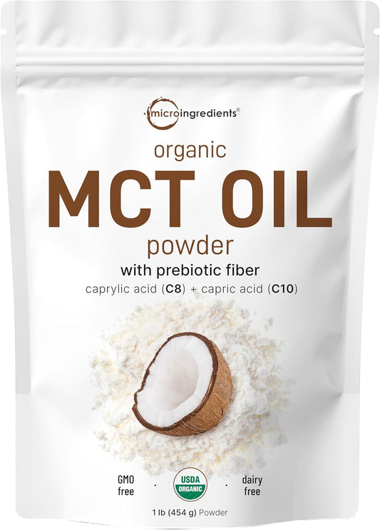 Micro Ingredients Organic MCT Oil Powder with Prebiotic Fiber,1 Pound (16 Ounce) | C8 MCT Oil for Coffee Creamer | No GMOs, Keto Diet, Vegan