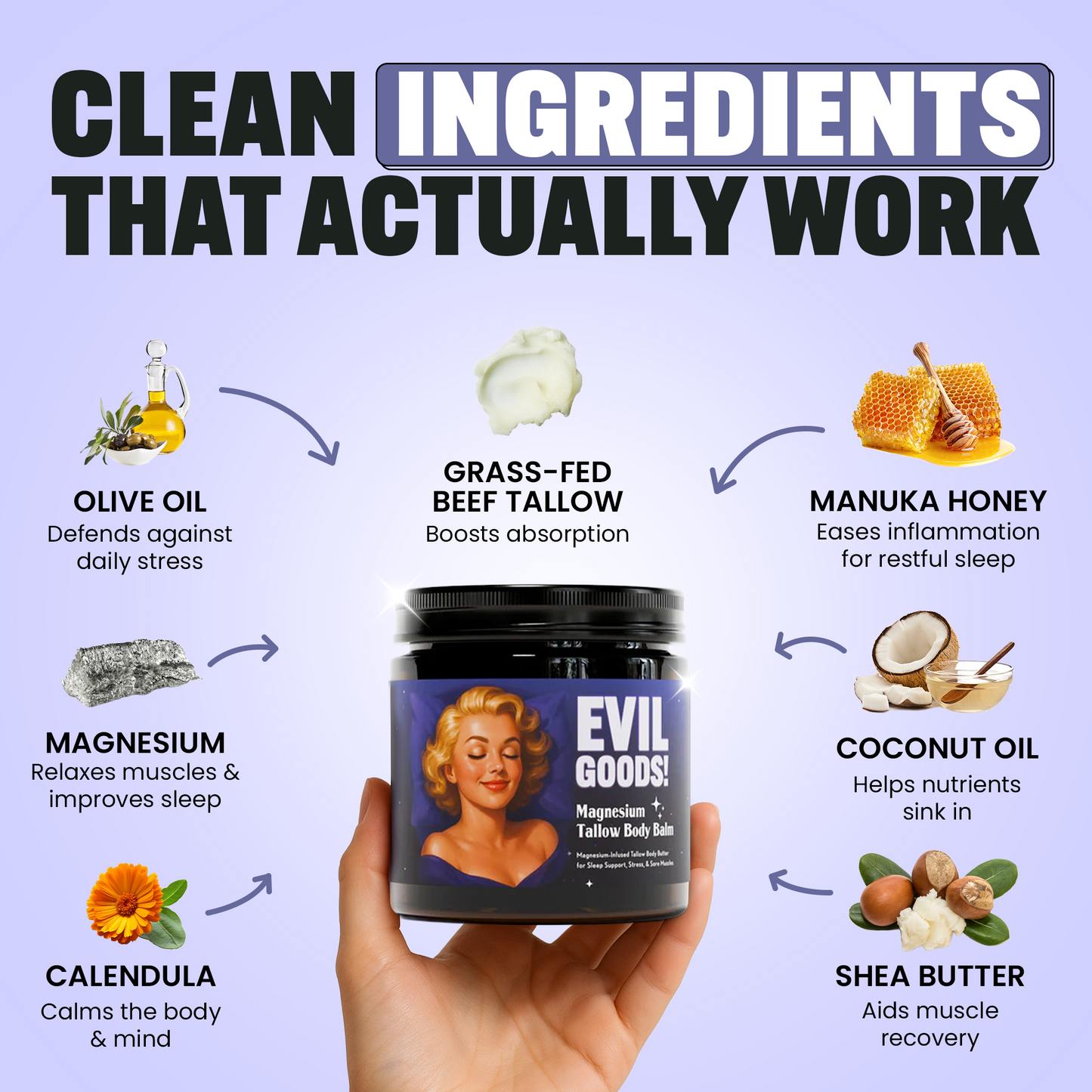 Bálsamo de magnesio con sebo de res alimentada con pasto.